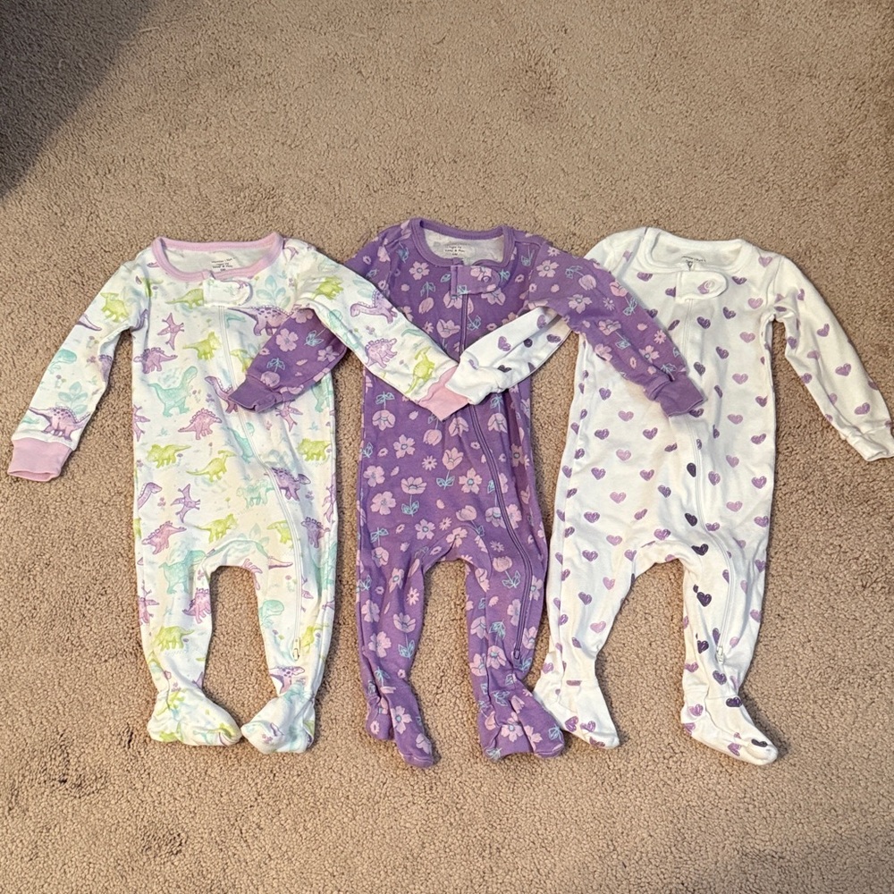 Kids zip Pajama Set of 3 - flowers, hearts, dinosaurs